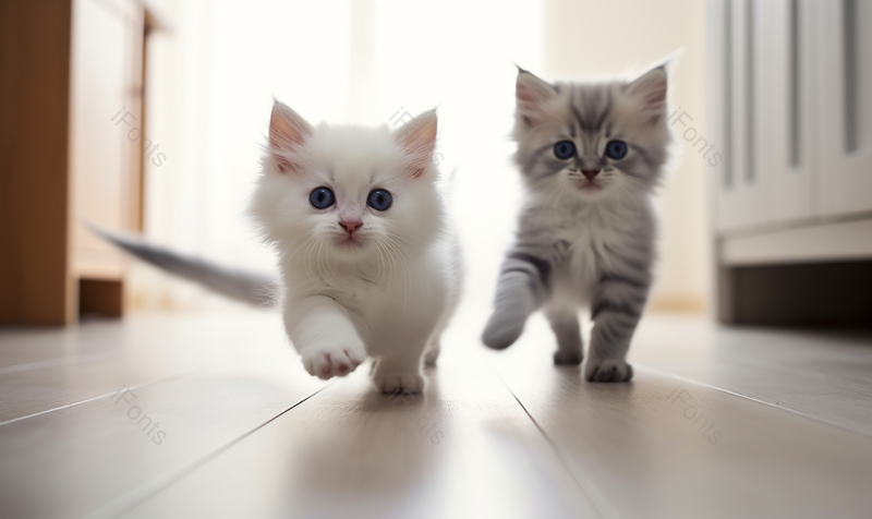 房间里两只小奶猫在奔跑数字艺术合成图片,高清,摄影图,摄影图片,图片大全,摄影图免费下载